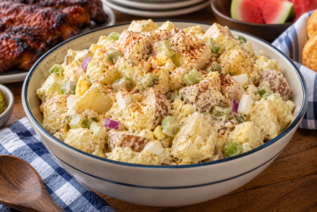 Creamy Southern-style potato salad with red potatoes, celery, onion, egg, and paprika
