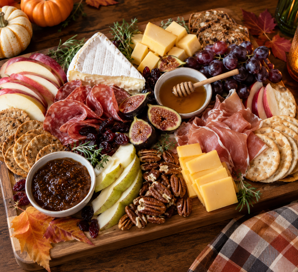 Fall charcuterie board with Brie, cheddar, salami, prosciutto, apples, pears, figs, grapes, crackers, pecans, honey and preserves