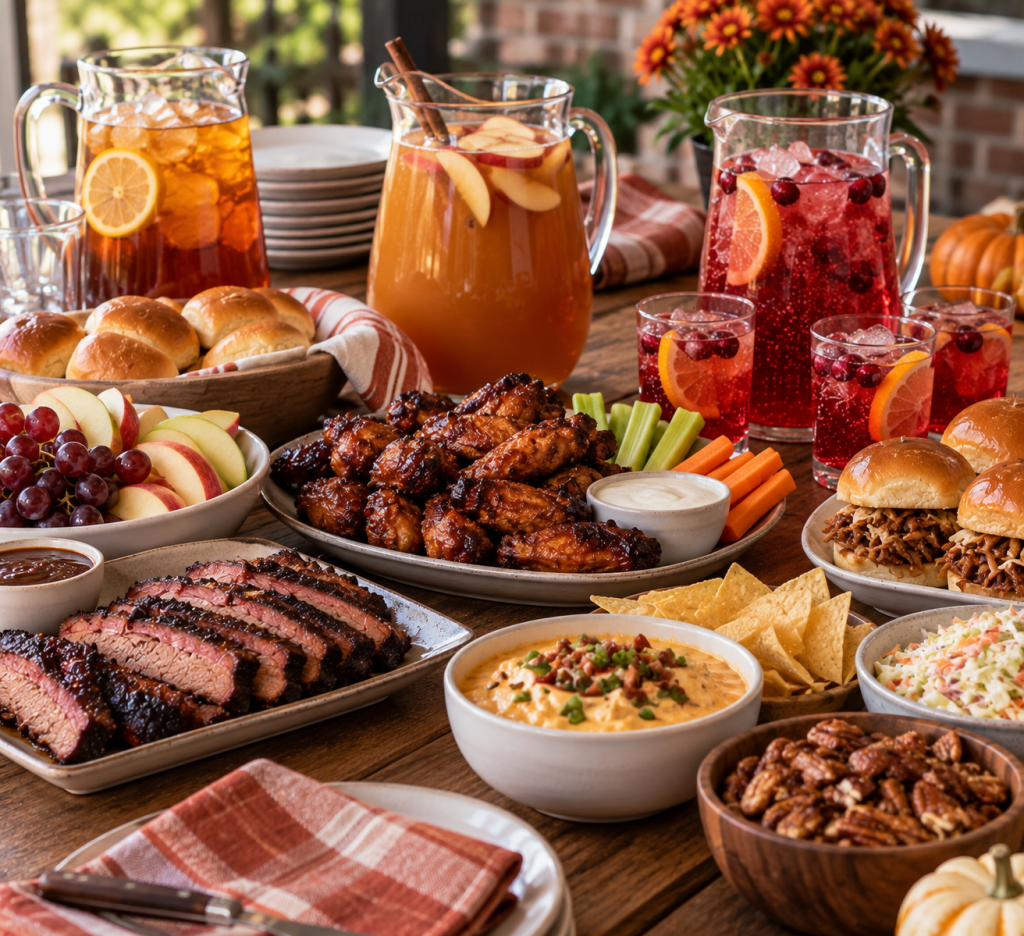 Fall gathering table with apple cider, iced tea, sparkling cranberry drinks, barbecue, wings, sliders, fruit, and game-day appetizers