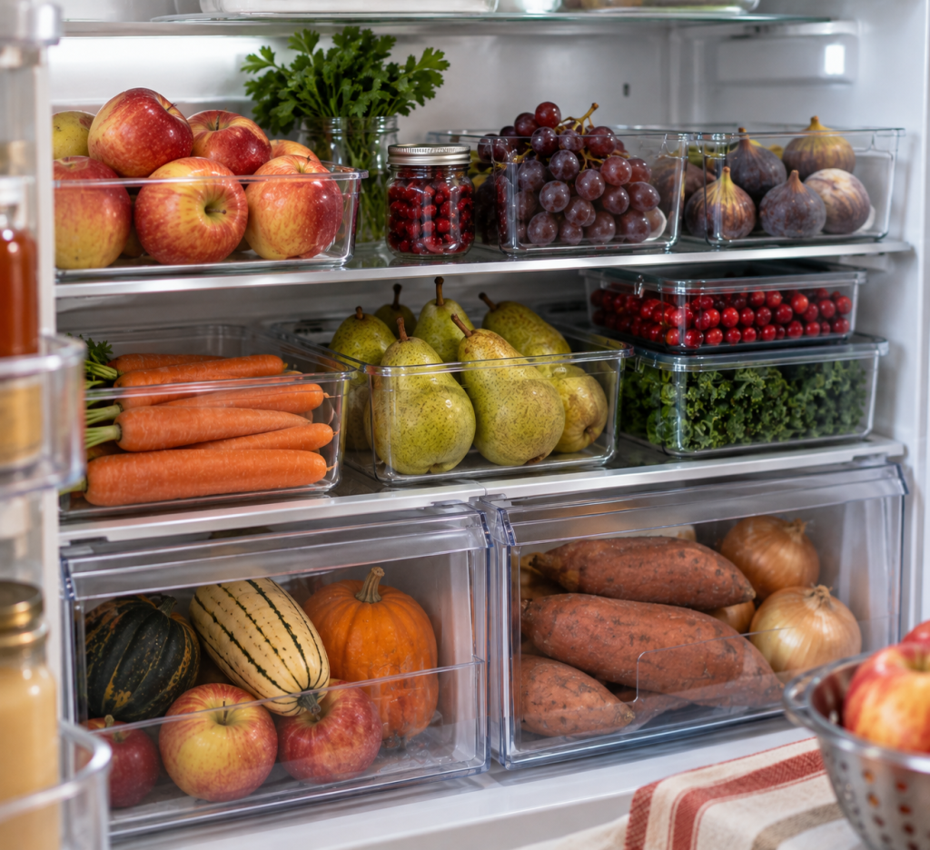 Fall produce stored in a refrigerator, including apples, pears, grapes, cranberries, carrots, kale, squash, sweet potatoes, and onions