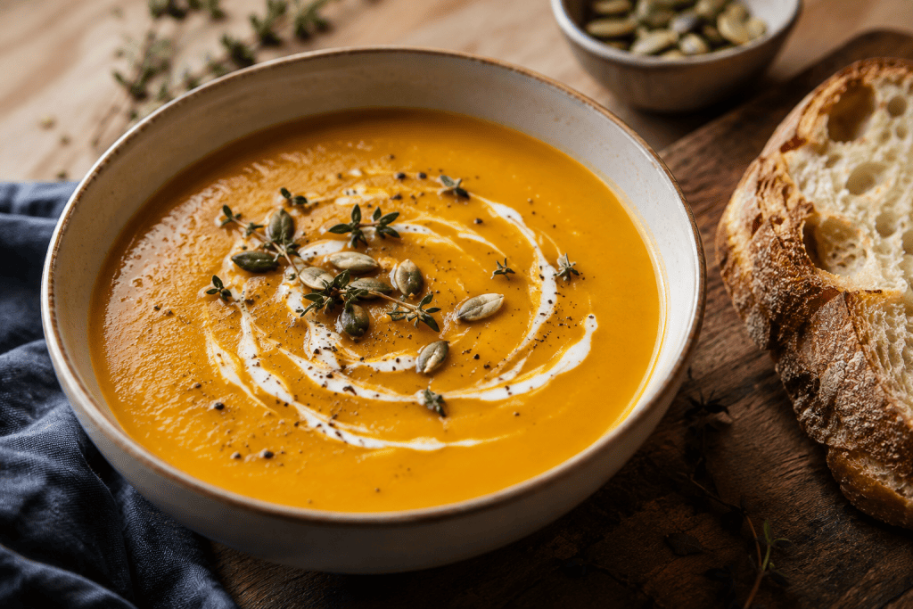 Creamy butternut squash soup in a bowl with crusty bread for an easy fall weeknight dinner