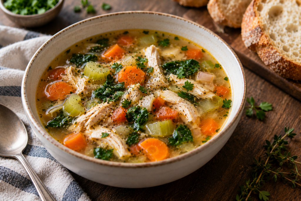 Chicken and vegetable soup with chicken, carrots, celery, leafy greens, and fresh herbs