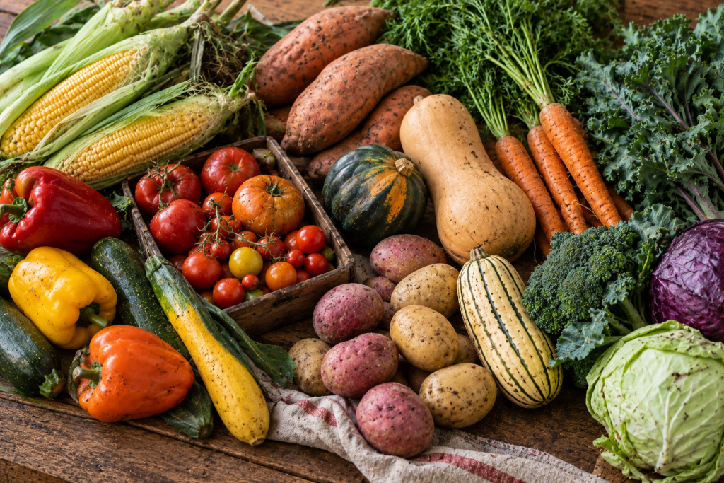 Summer vegetables including peppers, zucchini, tomatoes, and corn alongside squash, sweet potatoes, carrots, greens, broccoli, and cabbage