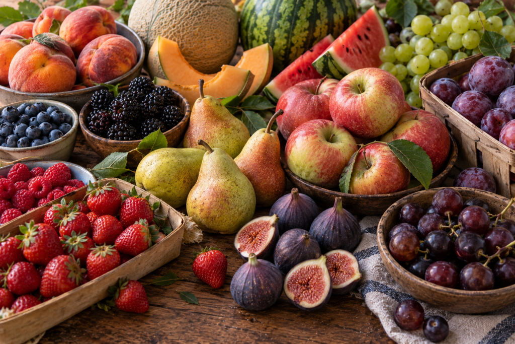 Apples, pears, figs, and grapes arranged with peaches, berries, melons, and other late-summer fruit