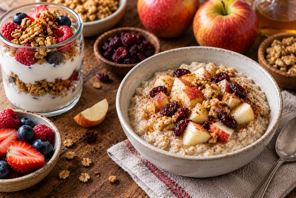 Warm oatmeal topped with apples, walnuts, and dried fruit beside a yogurt parfait with berries and granola