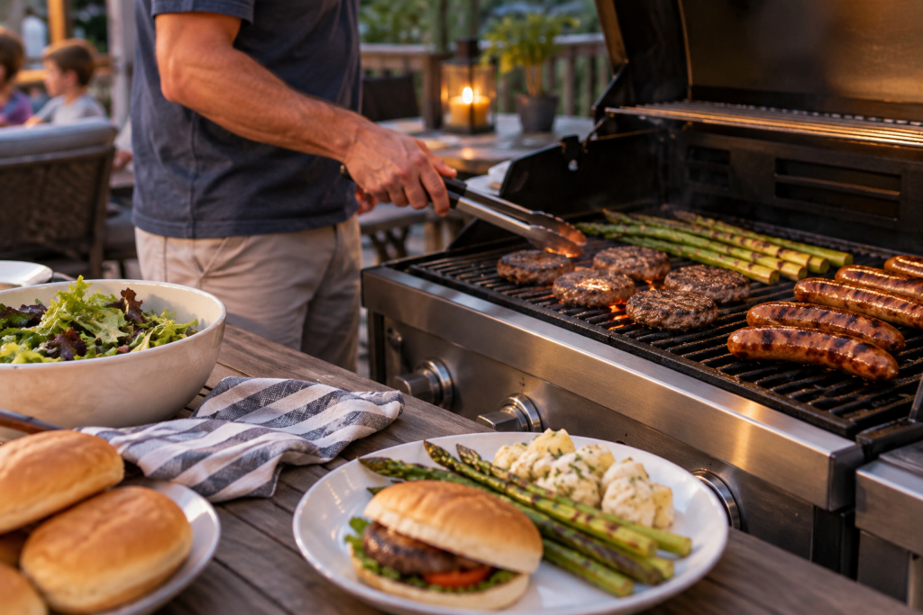 Burgers, sausages and asparagus cooking on an outdoor gas grill with salad, buns and easy sides