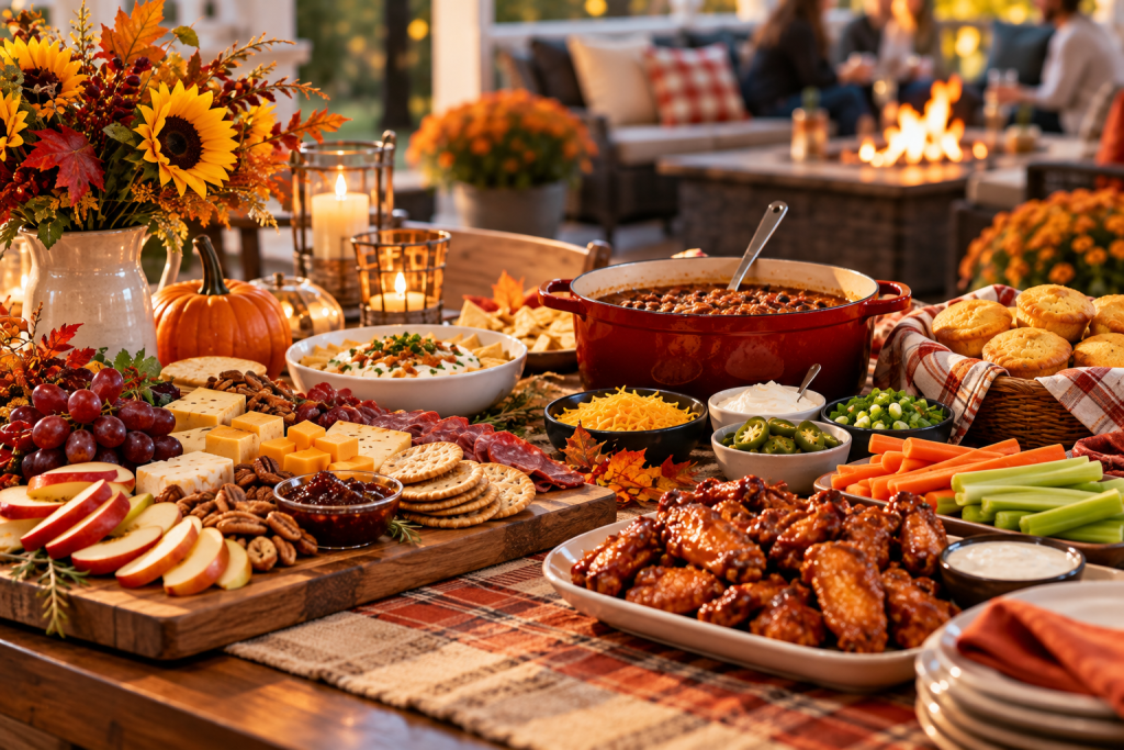 Fall party spread with chili, chicken wings, cheese, crackers, vegetables, dips, rolls and seasonal decorations