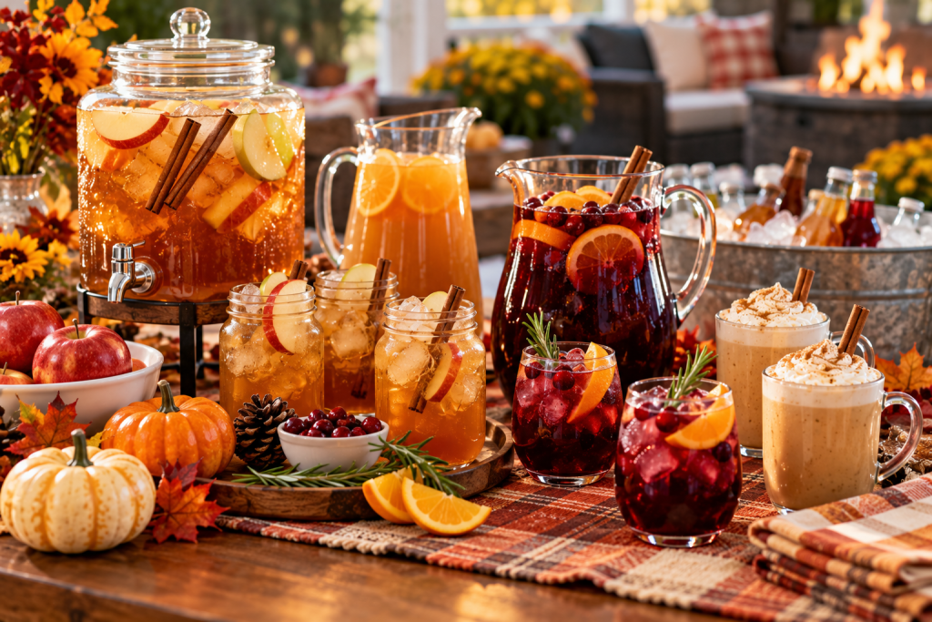 Fall drink station with apple cider, cranberry punch, spiced beverages, apples, oranges, cinnamon sticks and pumpkins