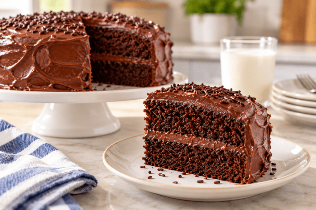 Chocolate layer cake with rich chocolate frosting and sprinkles beside a glass of milk