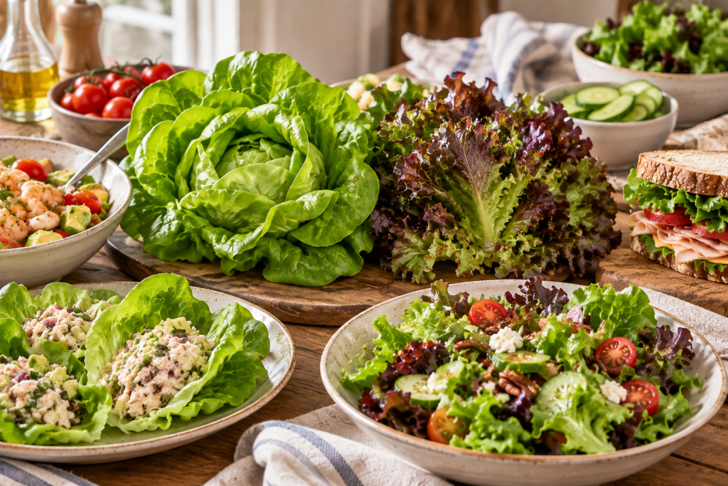Fresh Bibb and artisan lettuce with salads, lettuce wraps, vegetables, and sandwiches on a table
