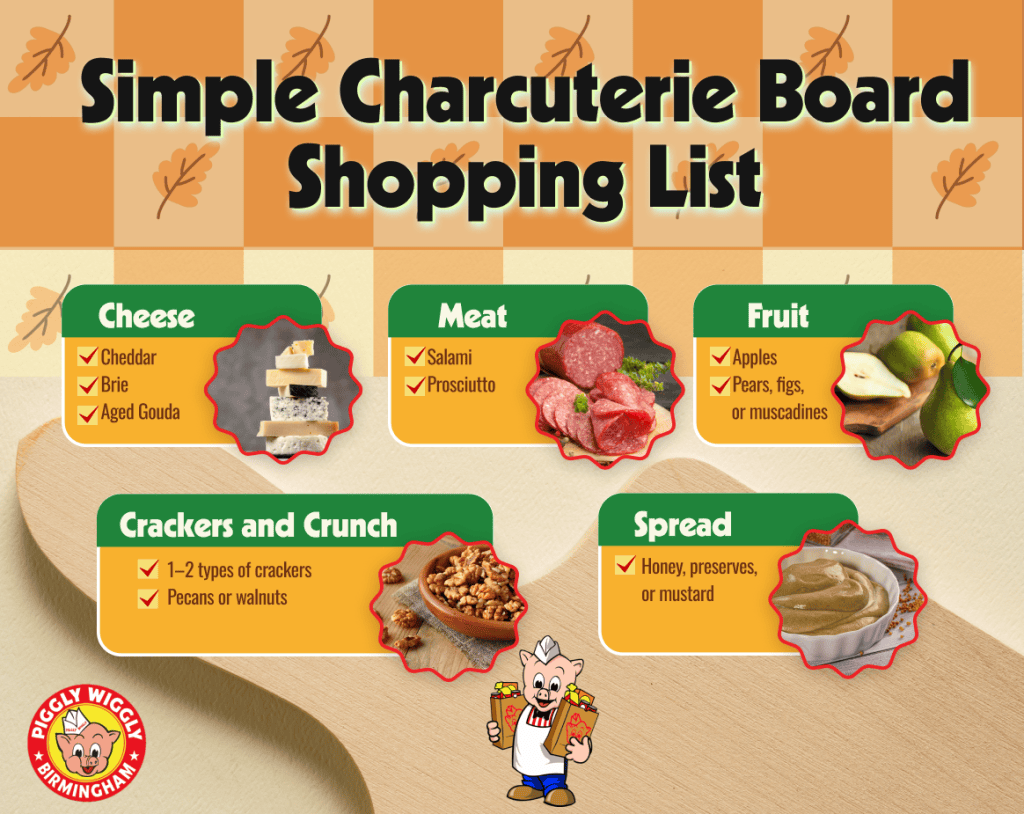Fall charcuterie board shopping list with cheese, cured meat, fruit, crackers, nuts, and spread