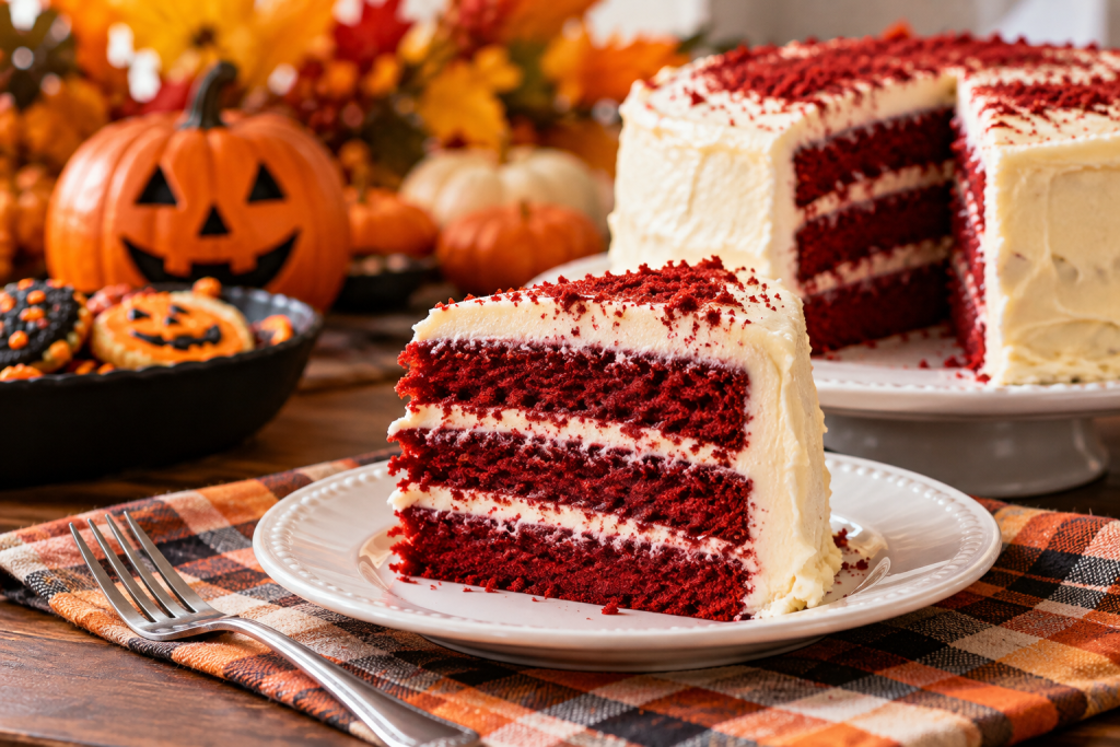 Slice of red velvet layered cake with creamy white frosting on a plate, surrounded by Halloween pumpkins, festive treats, and autumn decorations.