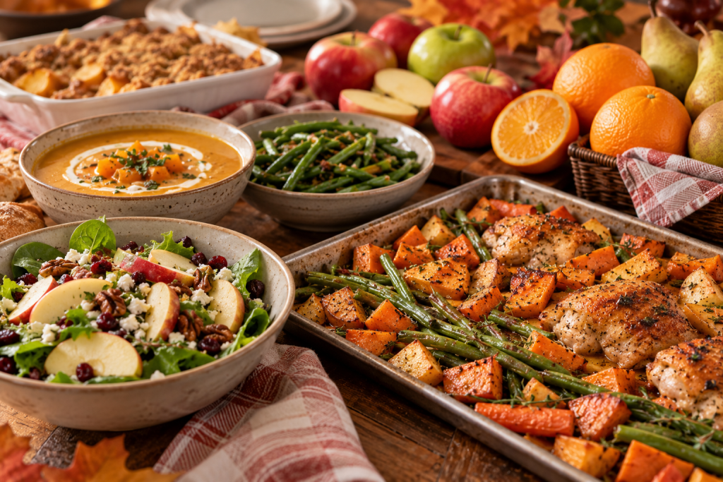 Fall meal spread with roasted chicken, sweet potatoes, green beans, apple salad, squash soup, apples, oranges, and pears