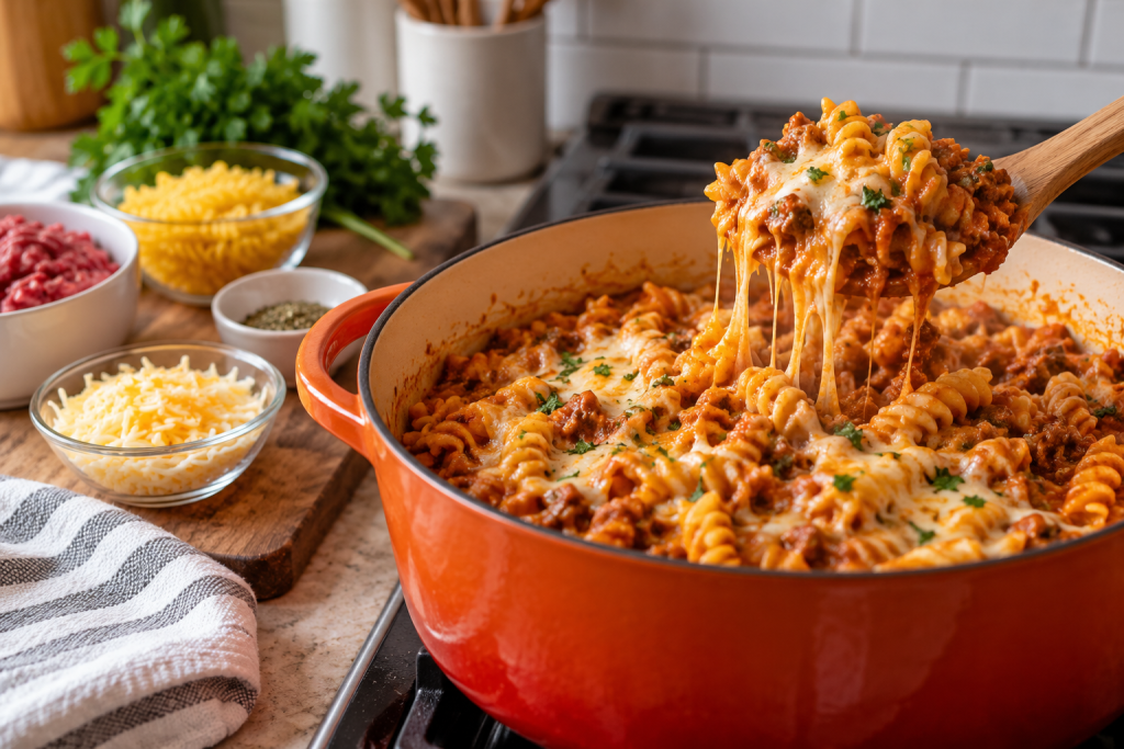 One-pot cheesy beef rotini pasta with ground beef, tomato sauce, and melted mozzarella cheese in an orange Dutch oven, served with a wooden spoon.