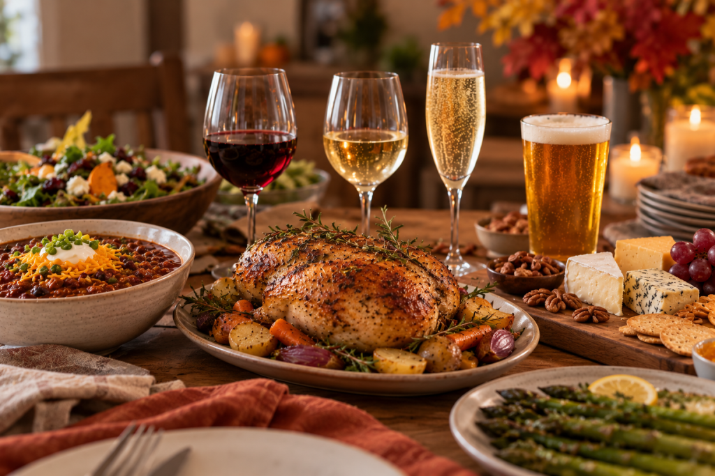 Autumn dinner table with herb-roasted chicken, vegetables, chili, salad, cheese board, asparagus, red and white wine, sparkling wine, and beer.