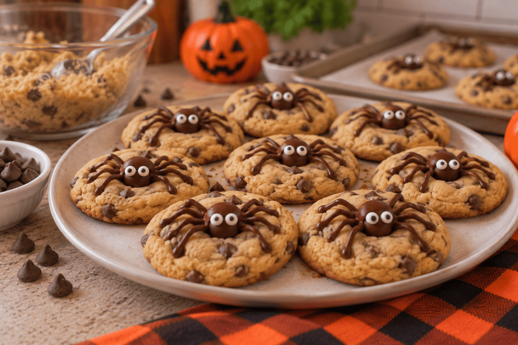 Homemade Halloween chocolate chip spider cookies decorated with chocolate spider bodies, piped chocolate legs, and candy eyes on a serving platter.