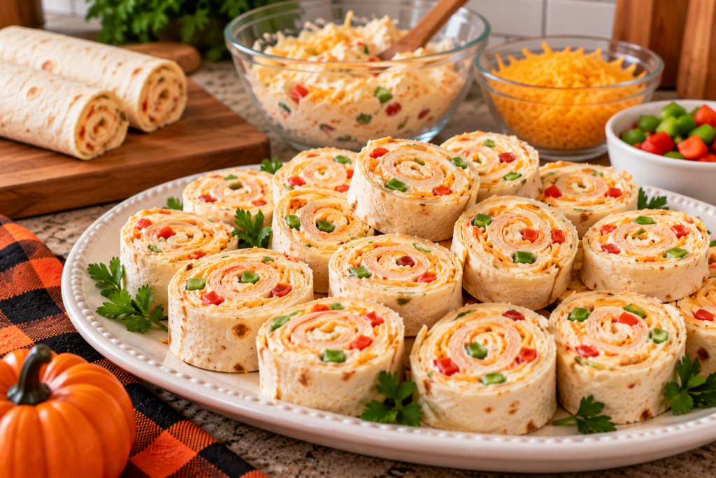 Cheesy tortilla roll-ups sliced into bite-sized pinwheels filled with cream cheese, shredded cheddar, and diced red and green bell peppers on a serving platter.