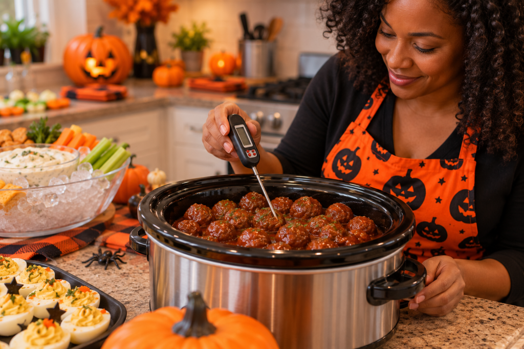 Black woman using a digital food thermometer to check meatballs in a slow cooker while preparing a Halloween party buffet with deviled eggs and chilled appetizers.
