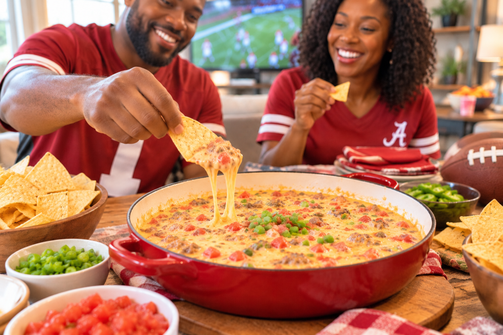 Alabama football fans enjoying cheesy sausage queso dip with tortilla chips, made with Piggly Wiggly diced tomatoes and green chilies for game day.