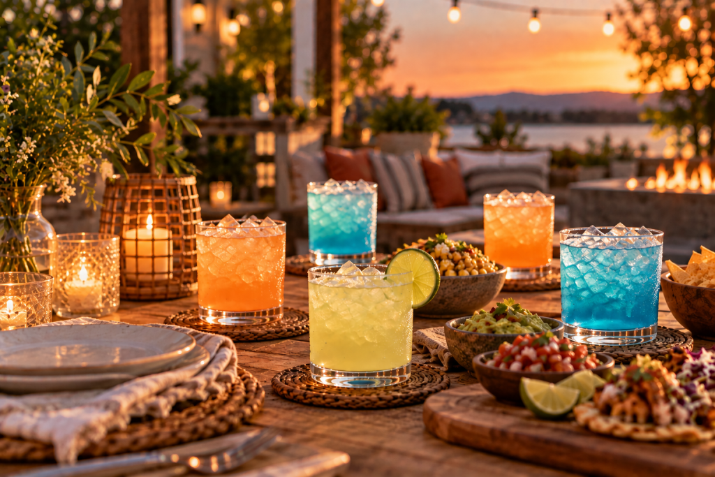 Colorful Lime & Dime Alabama-made hemp-derived THC drinks served over ice at a sunset outdoor gathering