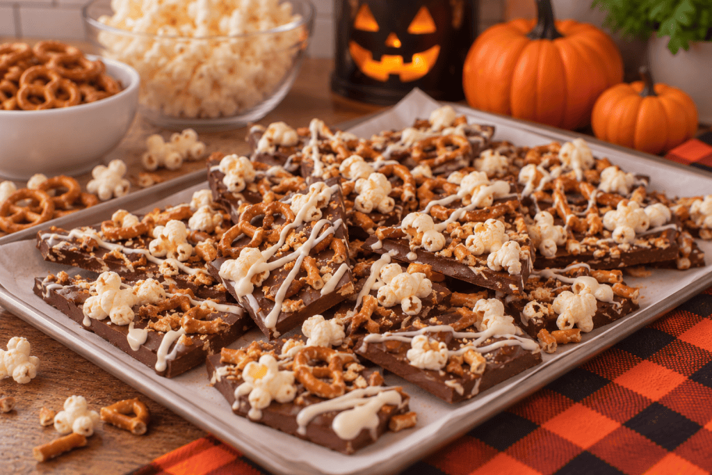 Homemade Halloween chocolate bark topped with crunchy pretzels, popcorn, and white chocolate drizzle, broken into pieces on a parchment-lined baking tray.