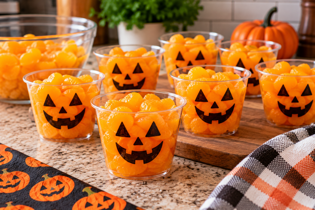 Jack-o'-lantern fruit cups filled with mandarin orange segments in clear plastic cups decorated with black pumpkin faces for a healthy Halloween party snack.