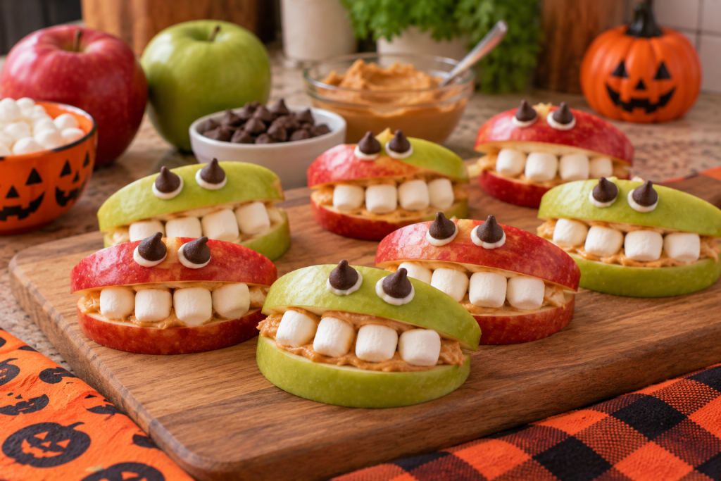 Halloween monster apple bites made with red and green apple wedges, peanut butter, mini marshmallow teeth, and chocolate chip eyes on a wooden serving board.