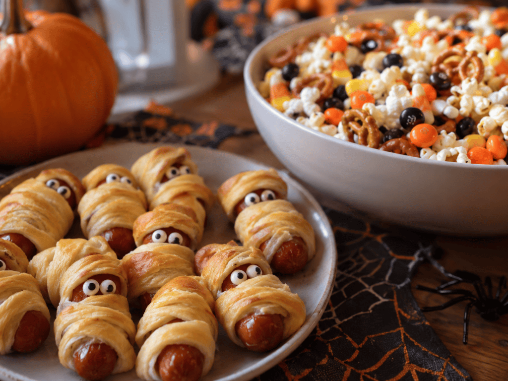 Easy Halloween party foods featuring mummy hot dogs wrapped in golden pastry with candy eyes and a festive popcorn snack mix with pretzels and candy corn.