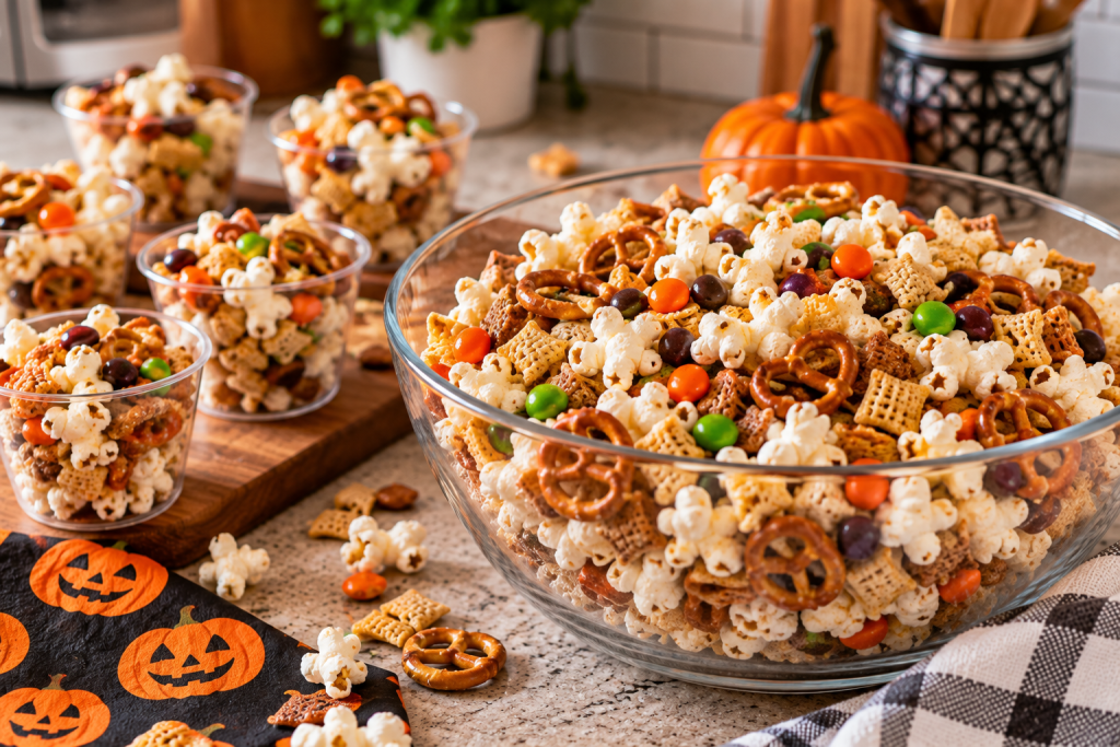 Halloween Monster Munch Popcorn Mix with popcorn, mini pretzels, crunchy cereal, and colorful chocolate candies in a glass bowl with individual snack cups.