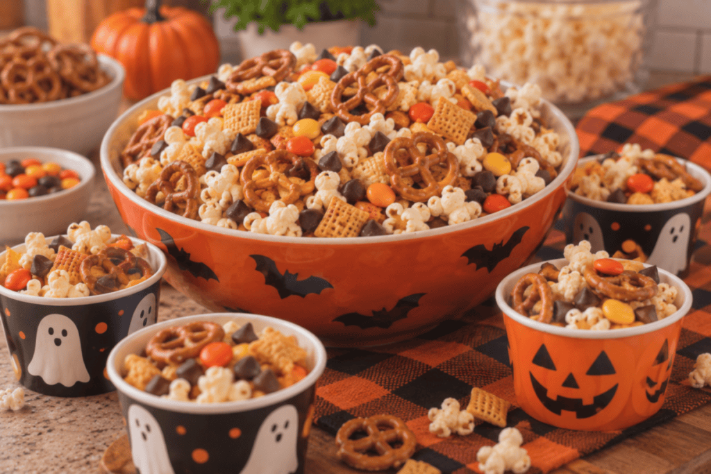 Halloween Monster Munch Popcorn Mix with popcorn, mini pretzels, chocolate chips, cereal squares, and orange and yellow candies in a festive bat-decorated bowl.