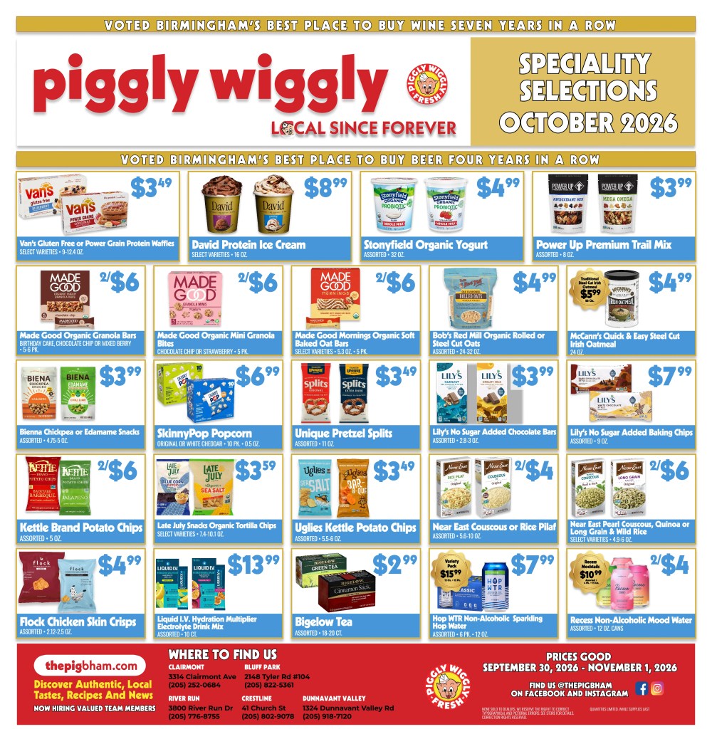 Piggly Wiggly Birmingham October 2026 Specialty Selections ad featuring waffles, yogurt, oatmeal, trail mix, snacks, grains, tea and non-alcoholic drinks.