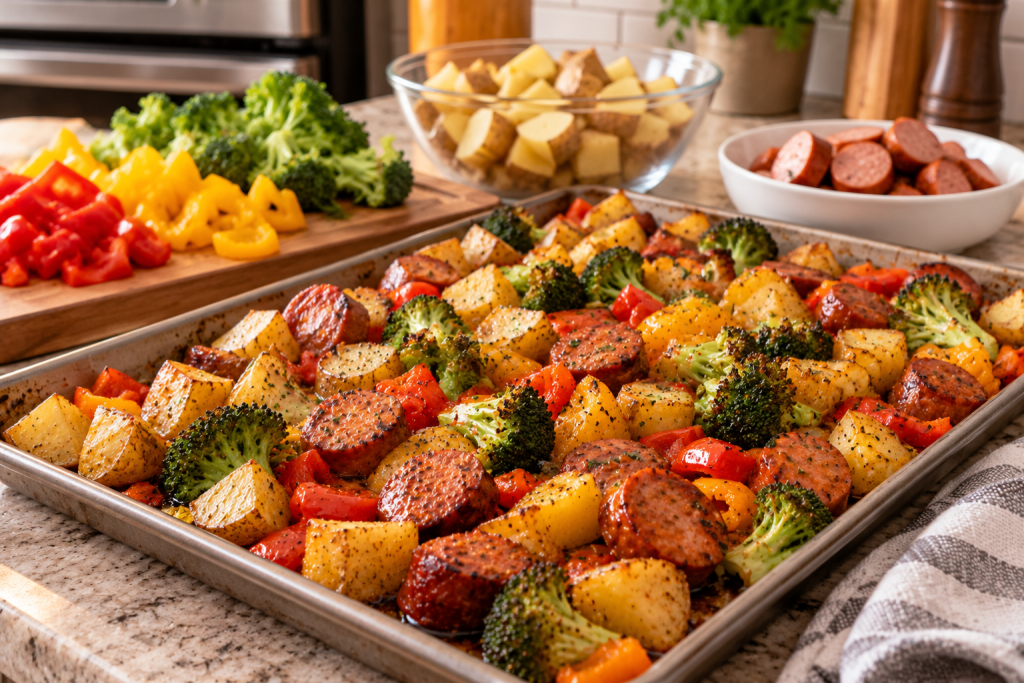 Sheet-pan smoked sausage with roasted potatoes, broccoli, and red and yellow bell peppers, seasoned with herbs and spices on a large baking sheet.