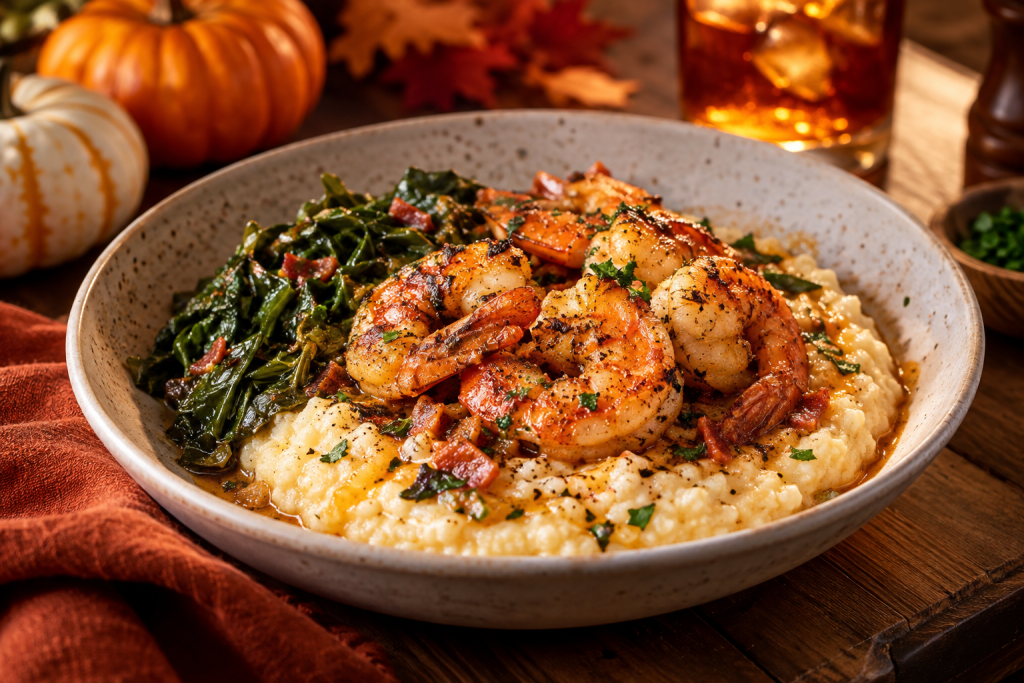 Grilled Gulf shrimp over creamy grits with collard greens and bacon