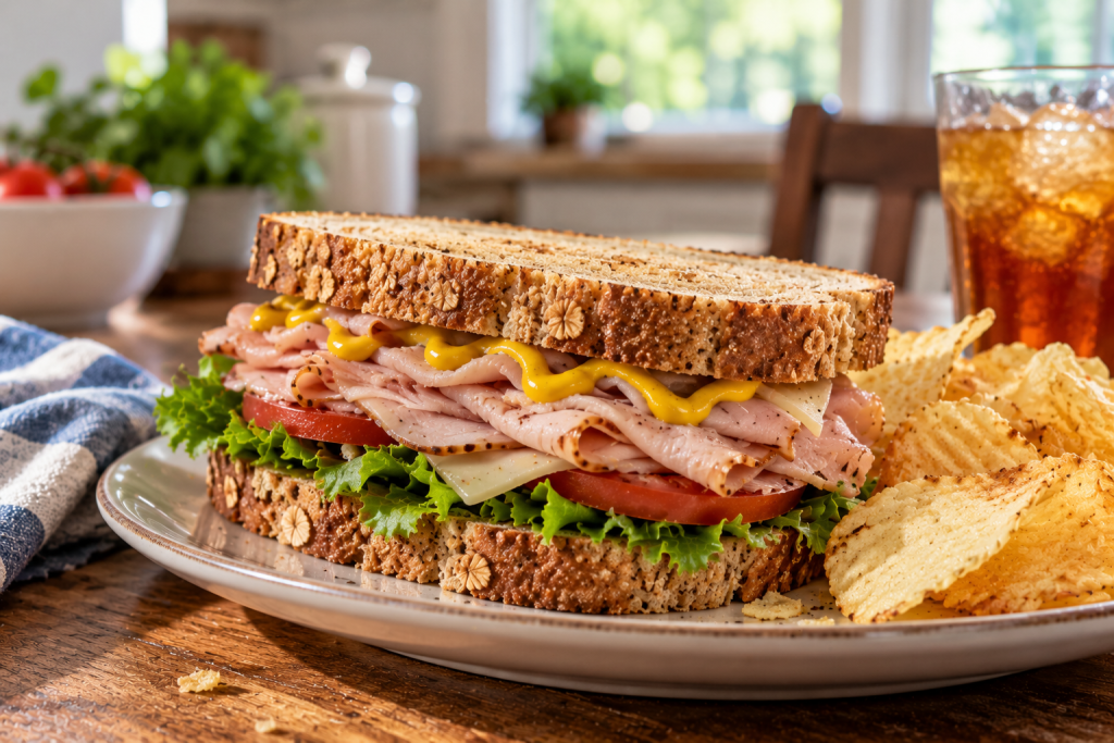 French's Classic Yellow Mustard 14 oz bottle alongside a deli sandwich topped with mustard, promoting a free mustard deal at Piggly Wiggly Birmingham.