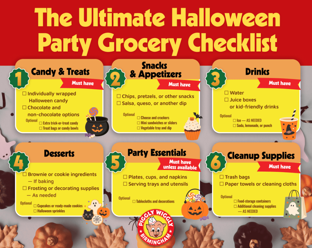 Halloween party grocery checklist featuring six essential categories: candy and treats, snacks and appetizers, drinks, desserts, party essentials, and cleanup supplies by Piggly Wiggly Birmingham.